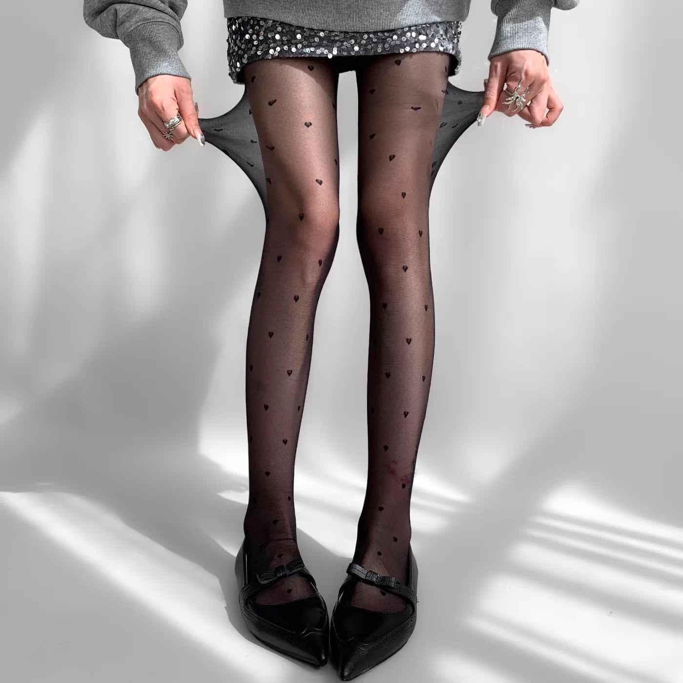 Black Heart Pattern Sheer Pantyhose Cute Lolita Snag-Resistant Tights