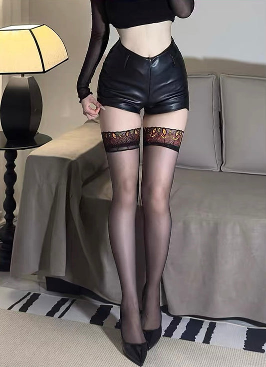 Sexy Peacock Lace Top Over Knee Stockings – Sheer Black Thigh High Hosiery